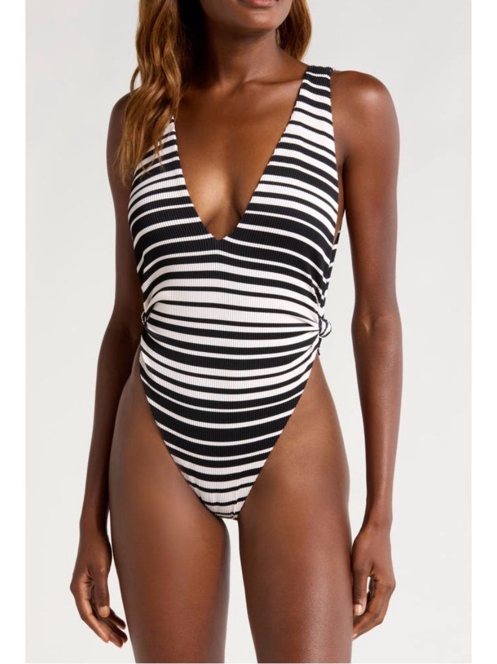 Volcom Stay In Line  Black & White Striped V-Neck One-Piece Swimsuit